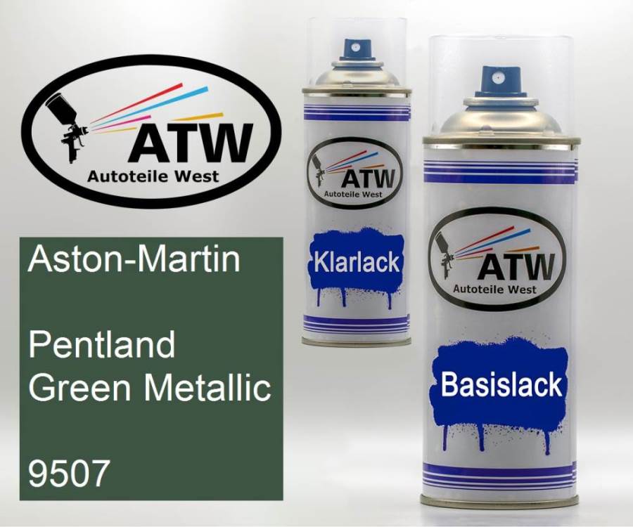 Aston-Martin, Pentland Green Metallic, 9507: 400ml Sprühdose + 400ml Klarlack - Set, von ATW Autoteile West.